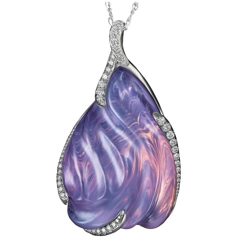 Naomi Sarna Lavender Quartz Diamond Gold Pendant For Sale