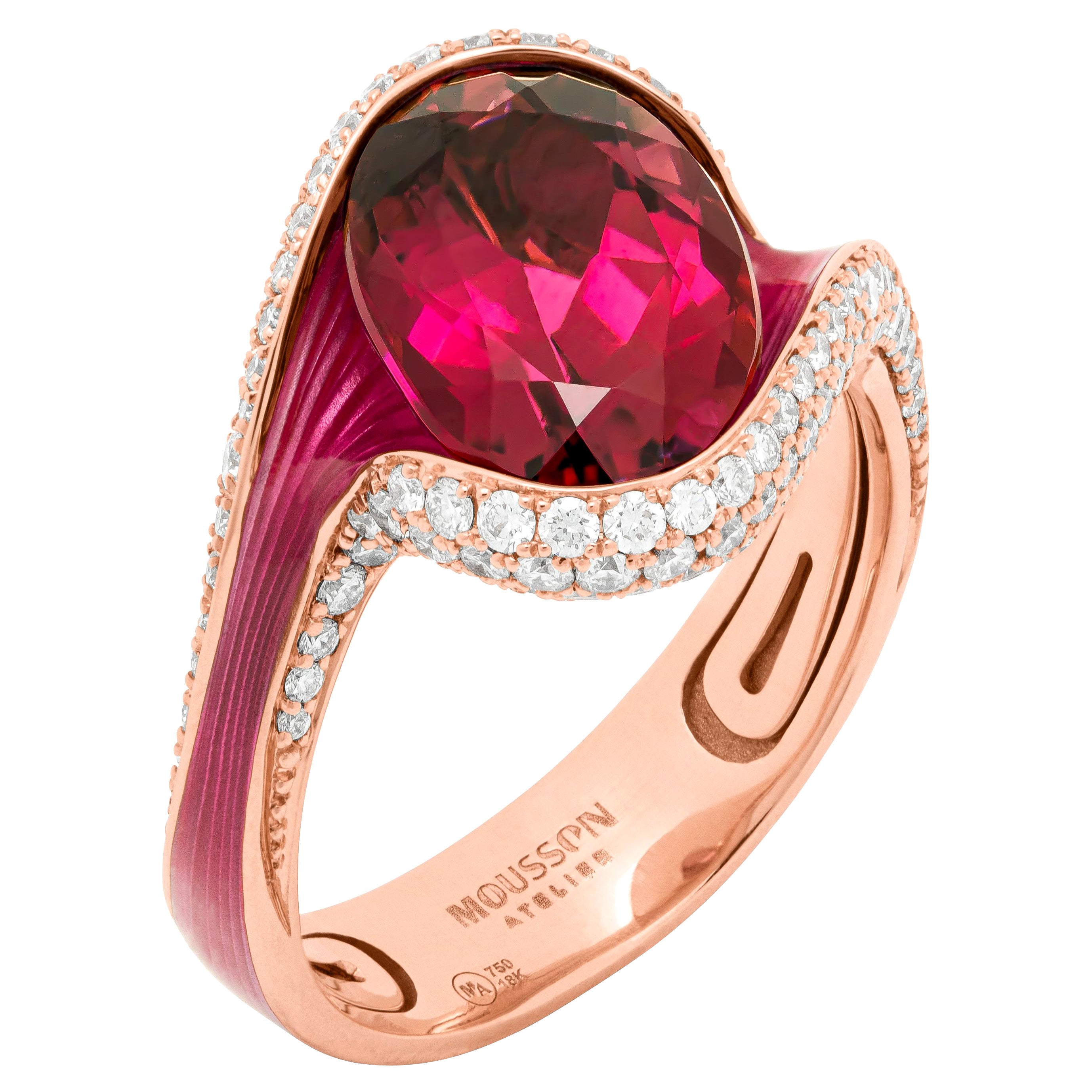 Pink Tourmaline 4.45 Carat Diamonds Enamel 18 Karat Rose Gold Melted Colors Ring For Sale