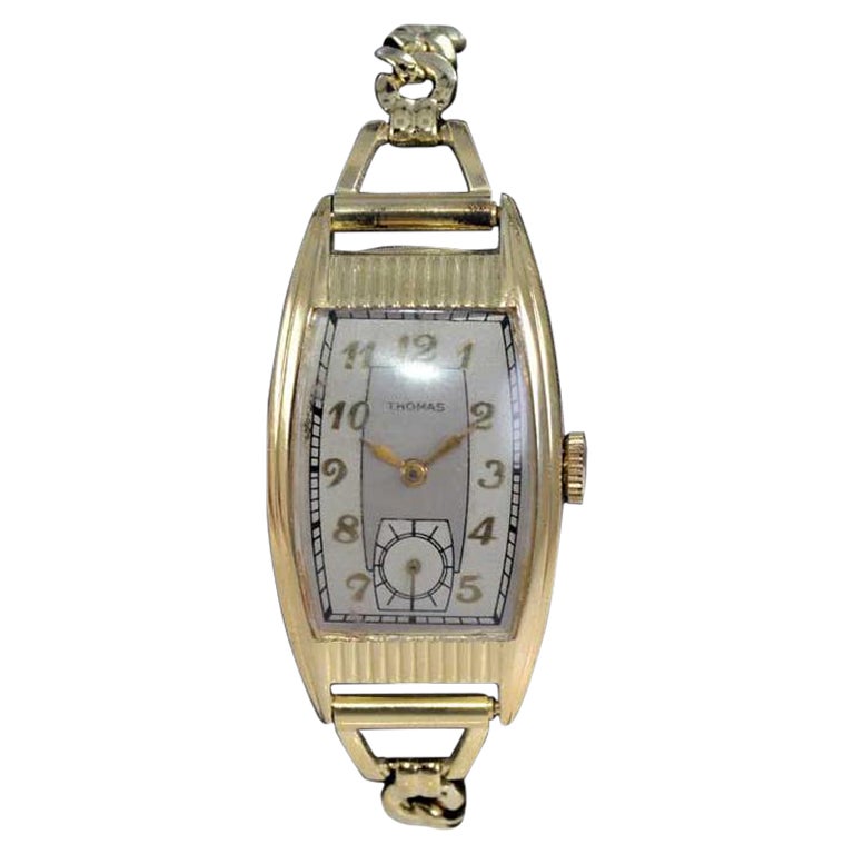 Thomas Gelbgold gefüllte Art-Déco-Armbanduhr im Stil von 1940er Jahren im Angebot