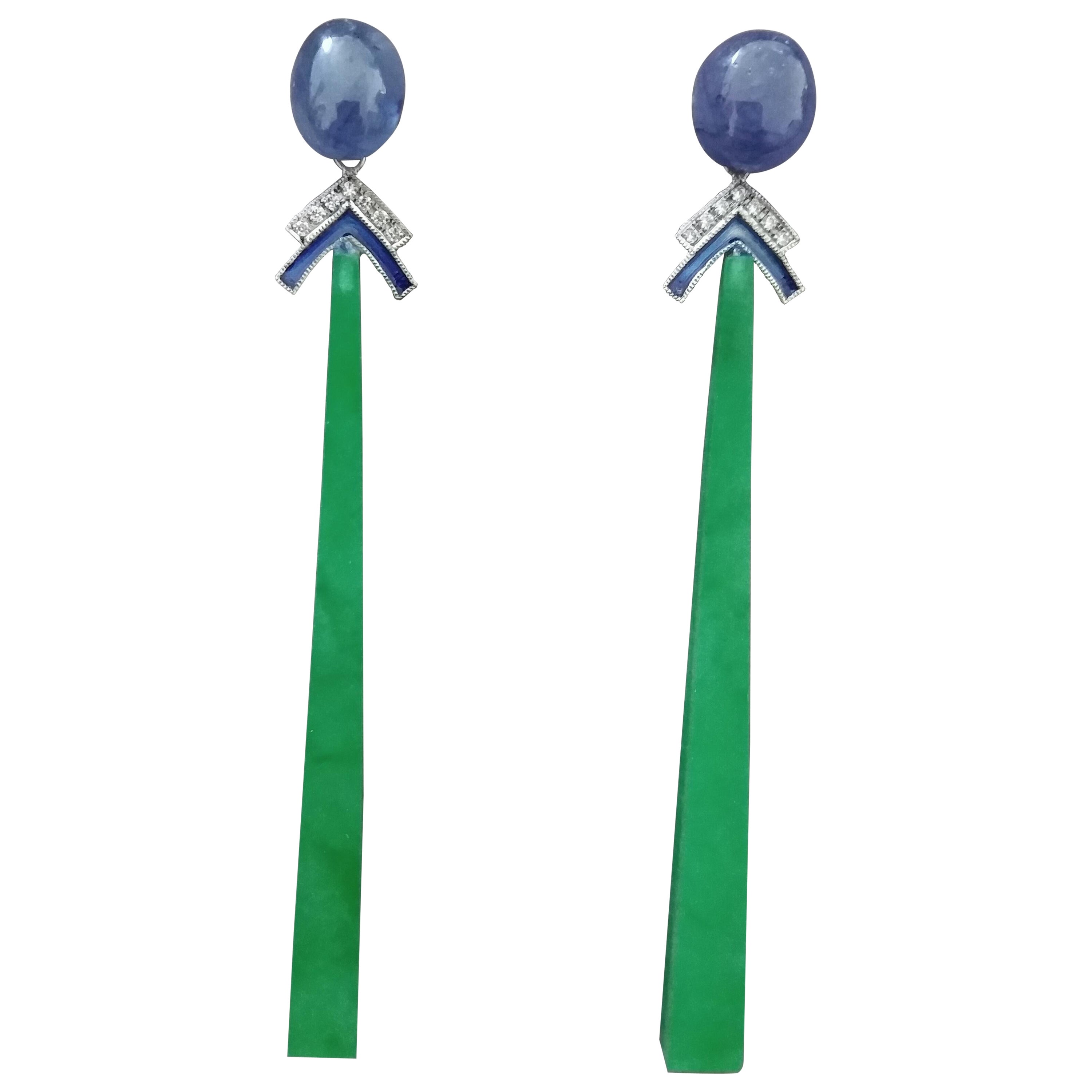 Art Deco Style Gold Blue Sapphire Diamonds Enamel Jade Sticks Dangle Earrings