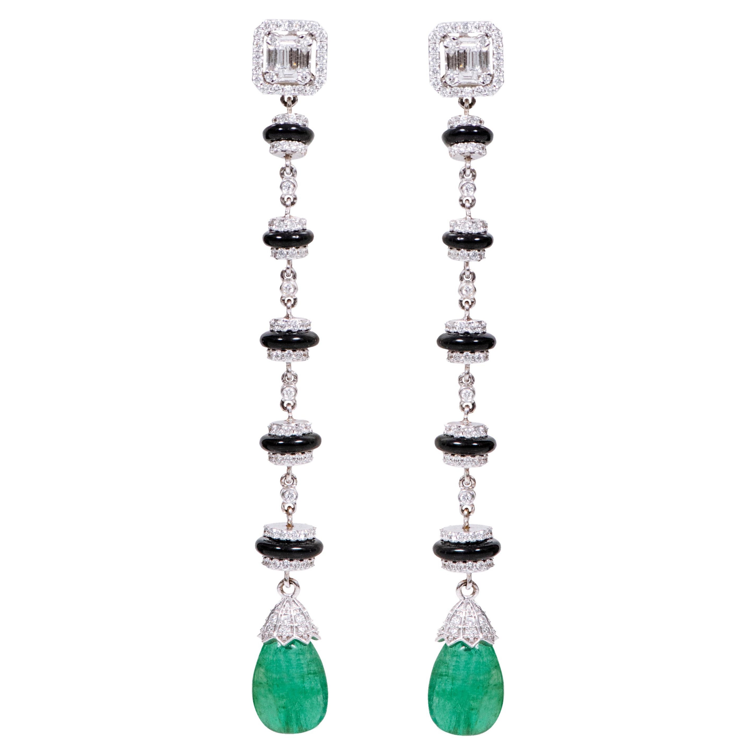 18 Karat Gold Natural Emerald, Diamond, and Black Enamel Drop Earrings For Sale