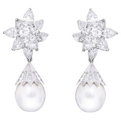 18 Karat White Gold 23.84 Carat Diamond and Pearl Modulation Drop Earrings