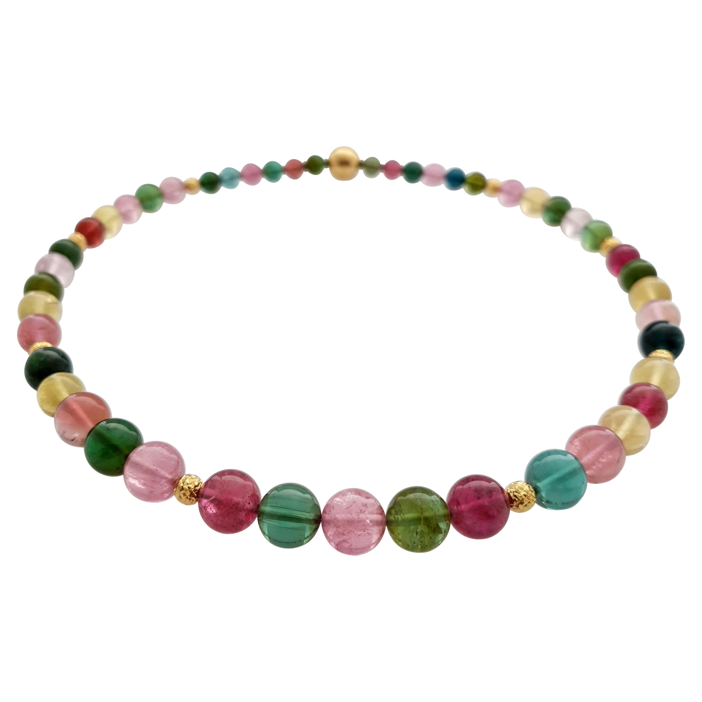 Multicolour Tourmaline Round Beaded Necklace with 18 Carat Yellow Gold For Sale