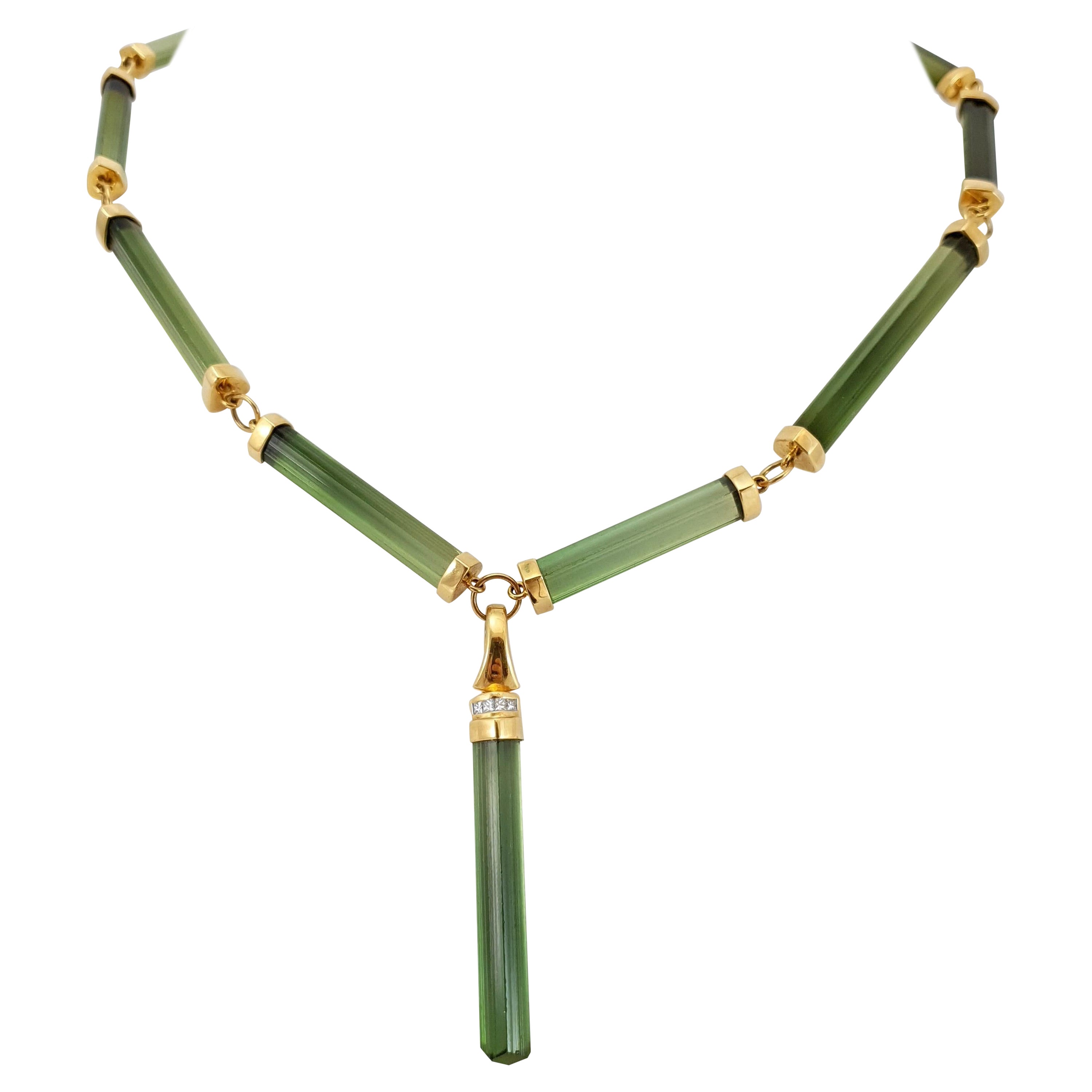 Green Tourmaline Crystal Beaded Necklace with 18 Carat Yellow Gold/Diamonds