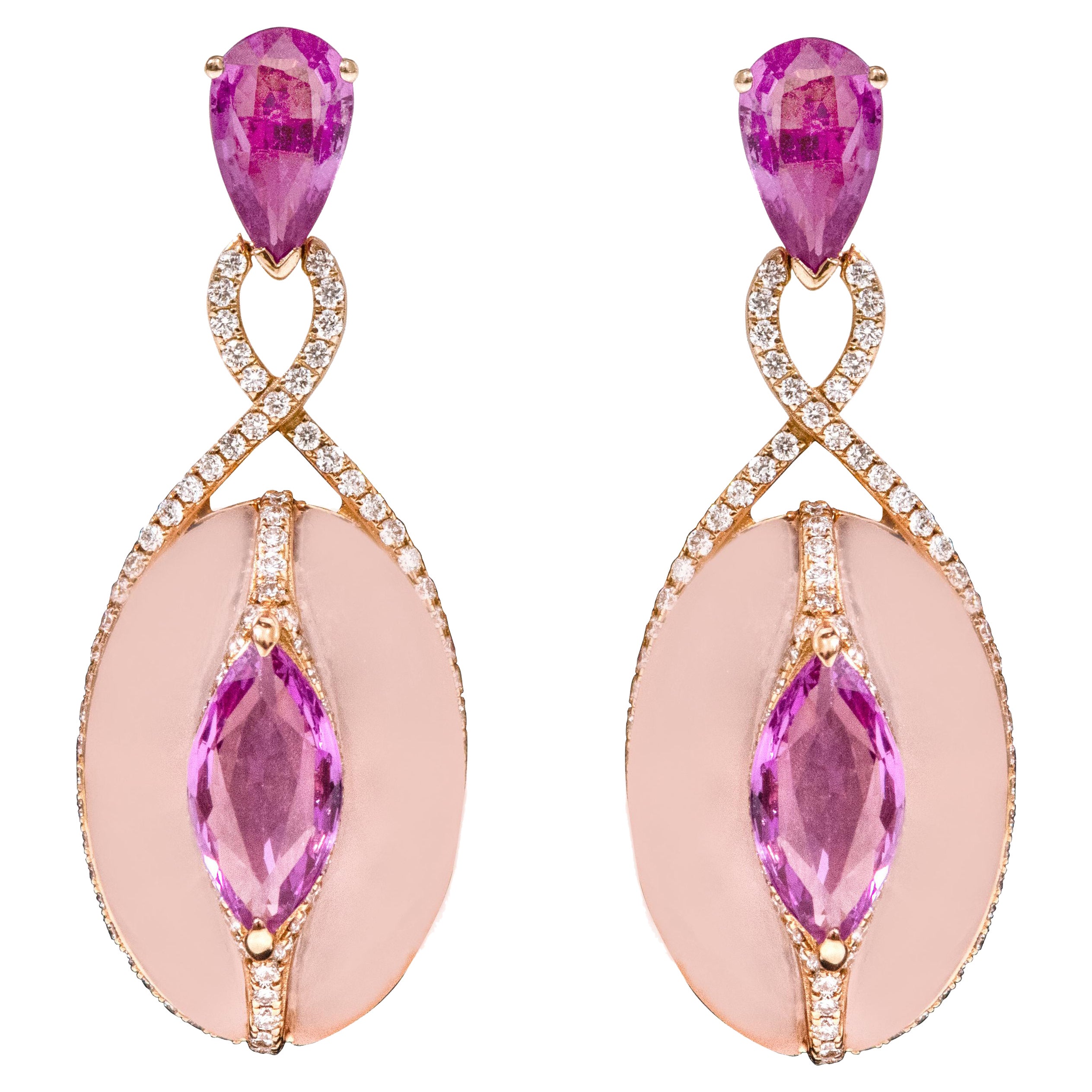 18 Karat Gold 21.39 Carat Diamond, Pink Sapphire, and Rose Quartz Drop Earrings For Sale