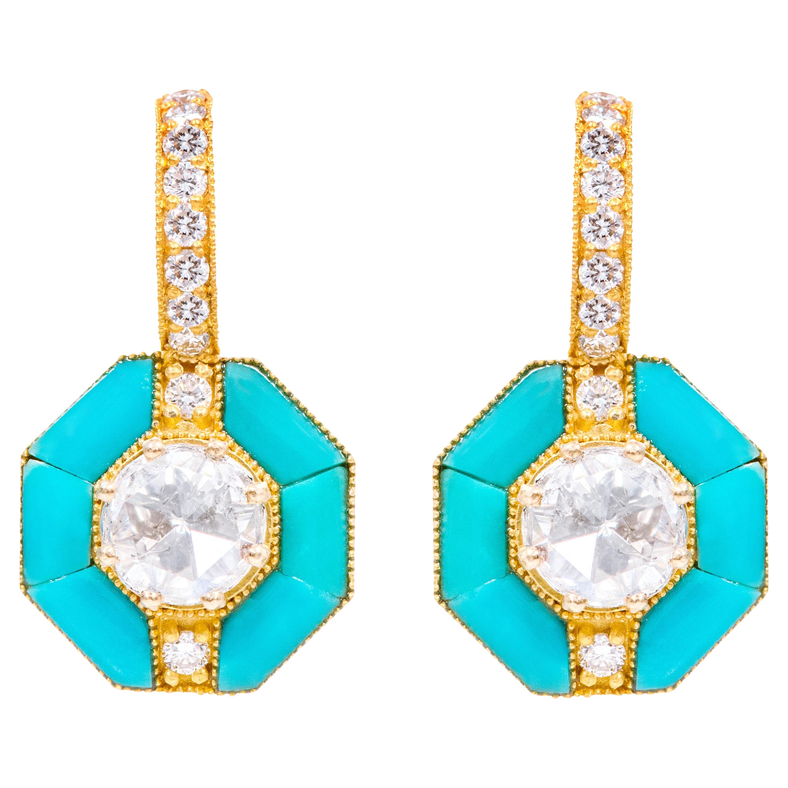 18 Karat Yellow Gold 3.55 Carat Solitaire Diamond and Turquoise Drop Earrings For Sale