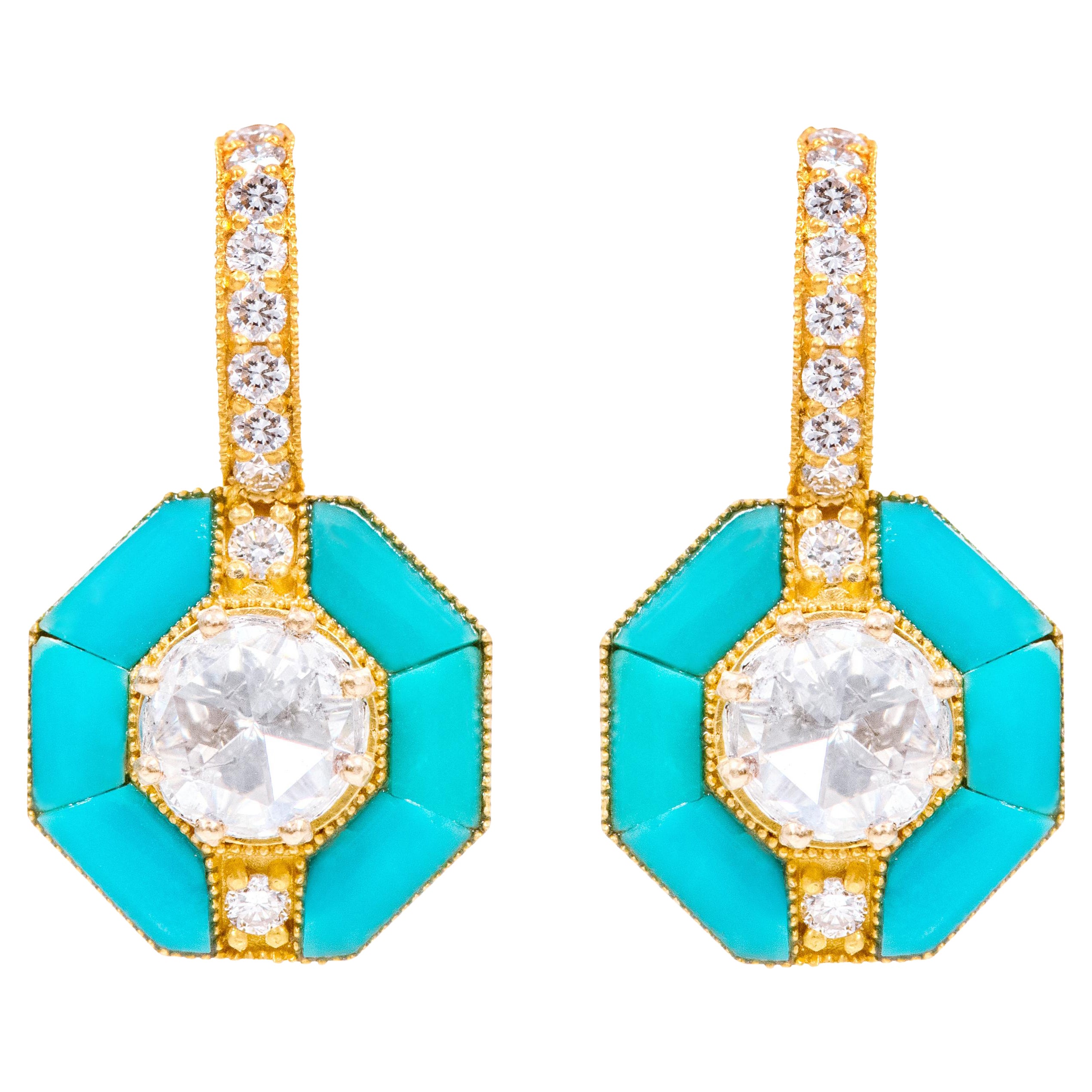 Pendientes de oro amarillo de 18 quilates con diamante solitario de 3,55 quilates y turquesa
