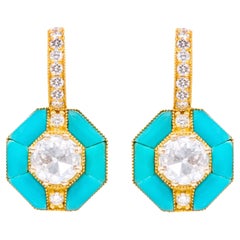 Boucles d'oreilles en goutte en or jaune 18 carats, diamant solitaire de 3,55 carats et turquoise