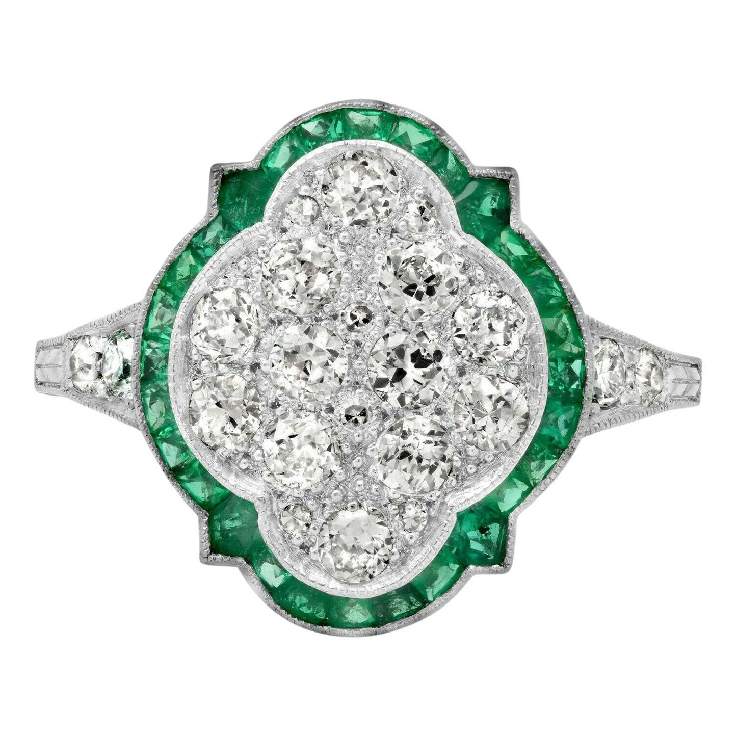 Art Deco Style 0.82 CT Diamonds 0.35 CT Emeralds Platinum Engagement Ring