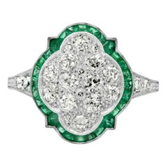 Art Deco Style 0.82 CT Diamonds 0.35 CT Emeralds Platinum Engagement Ring