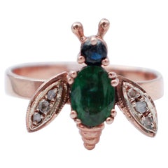 Emerald, Sapphire, Diamonds, 9 Karat Rose Gold and Silver Fly Shape Ring