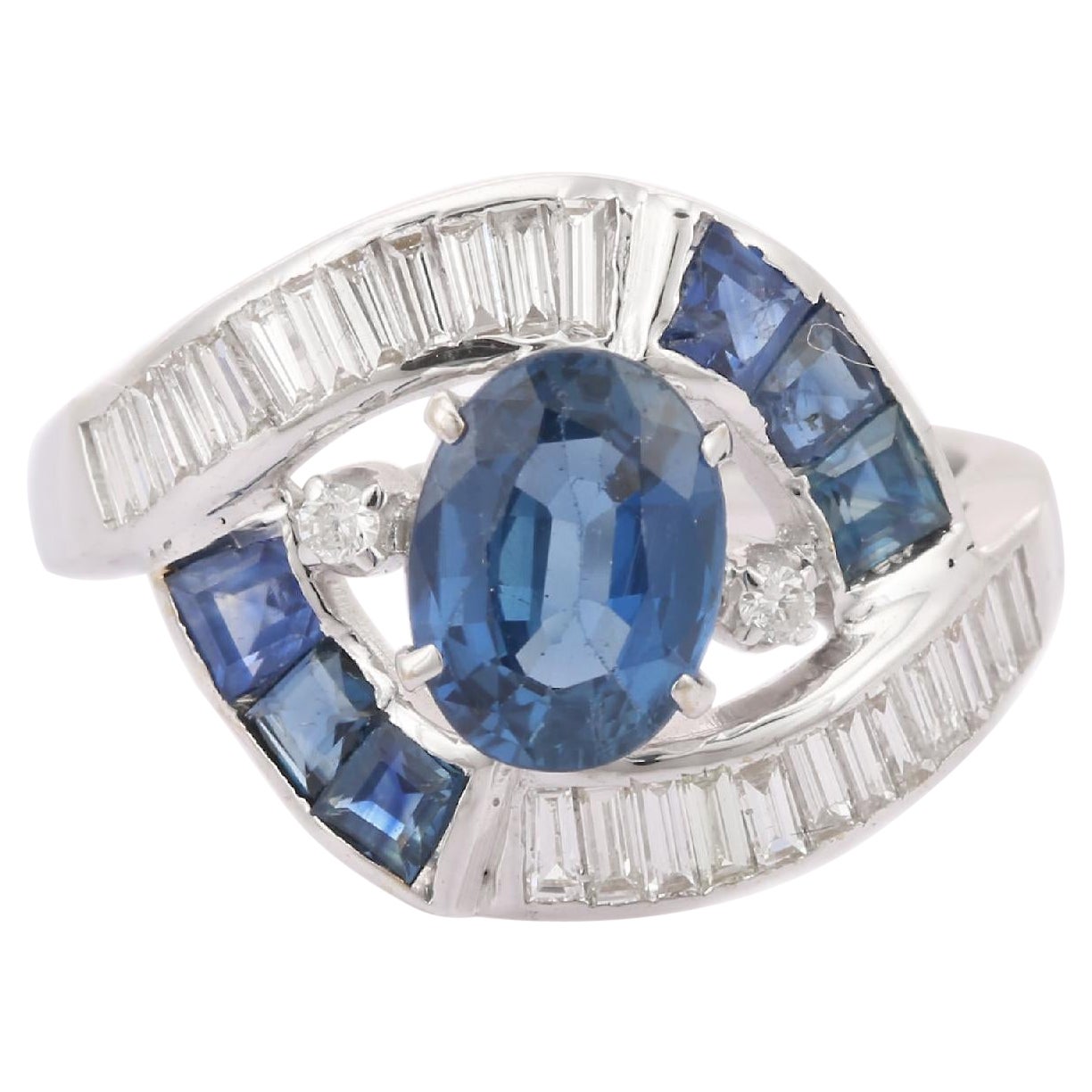 Gorgeous Blue Sapphire And Diamond Ring 18kt Solid White Gold