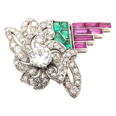 Art Deco LaCloche Platinum Diamond Ruby and Emerald Brooch