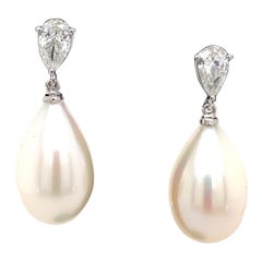 Diamond and Pearl Drop Earrings 18 Karat White Gold