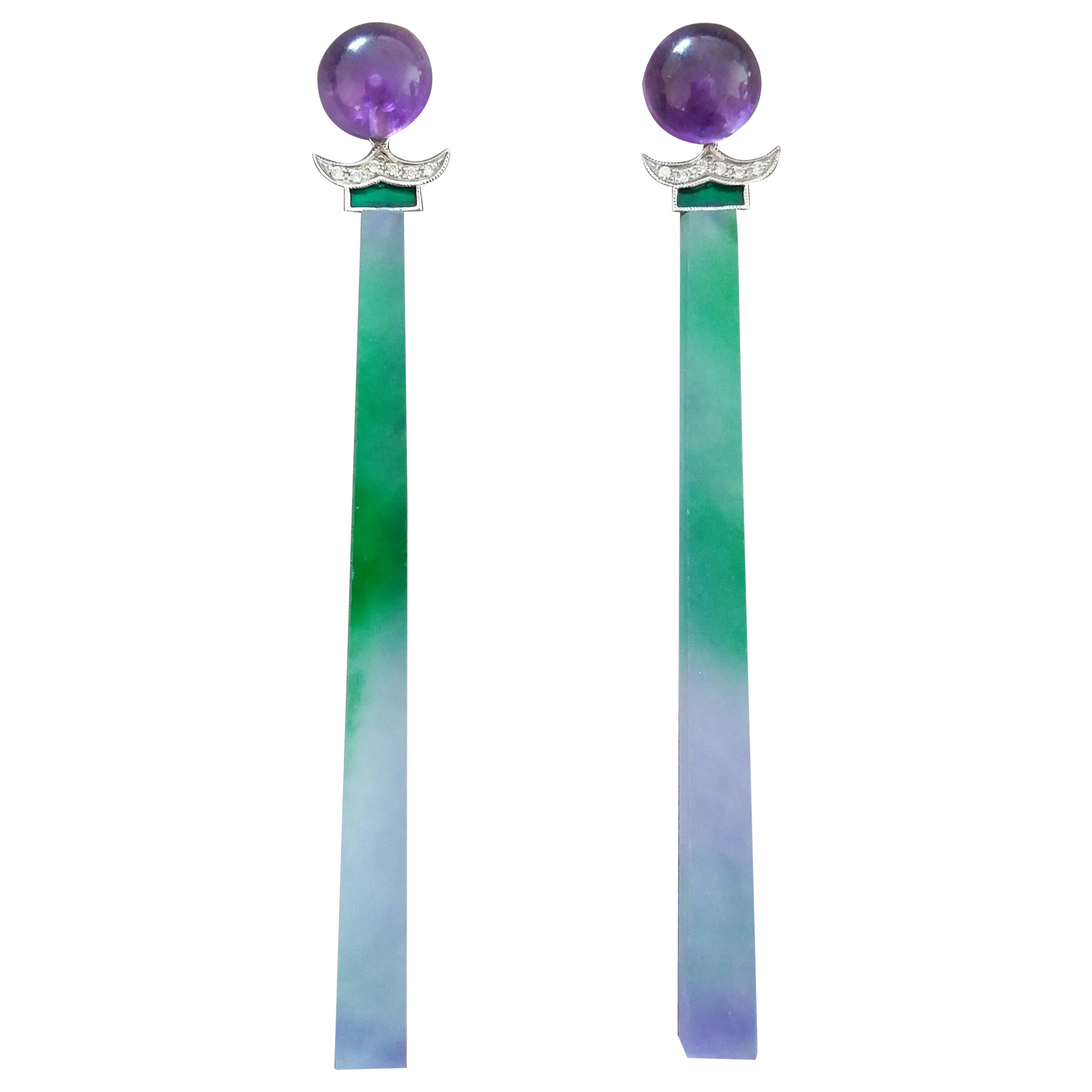 Art Deco Style Amethyst Gold Diamonds Enamel Green Purple Jade Dangle Earrings For Sale