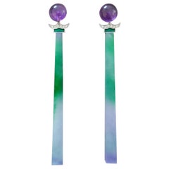 Art Deco Style Amethyst Gold Diamonds Enamel Green Purple Jade Dangle Earrings