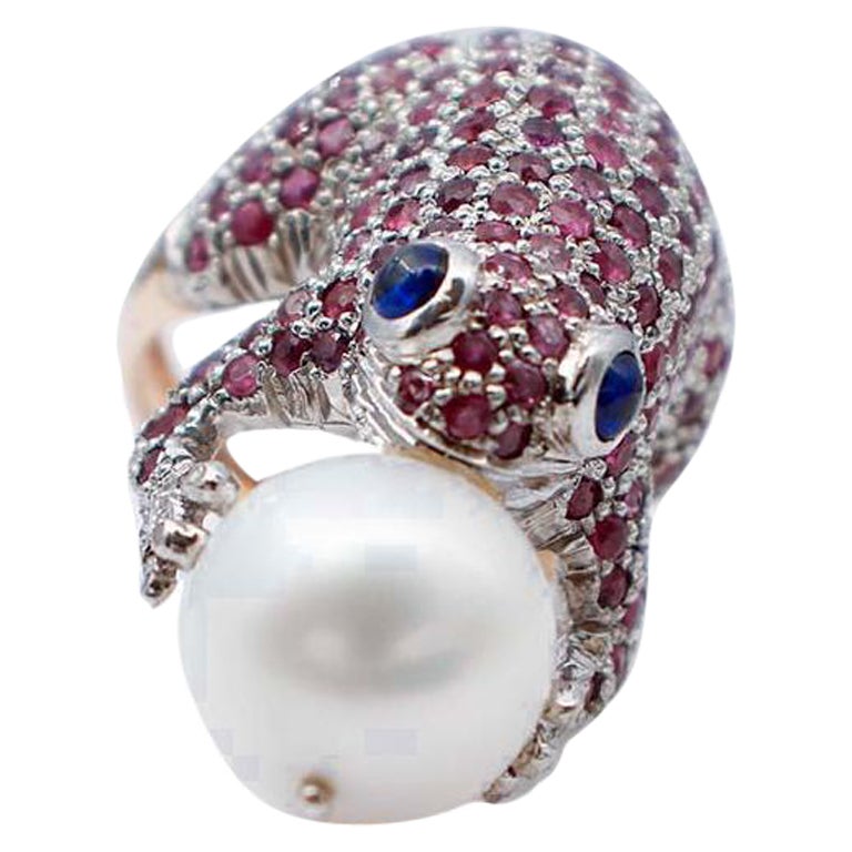Diamonds, Rubies, Sapphires, Pearl, 9 Karat Rose Gold and Silver Frog Shape Ring For Sale
