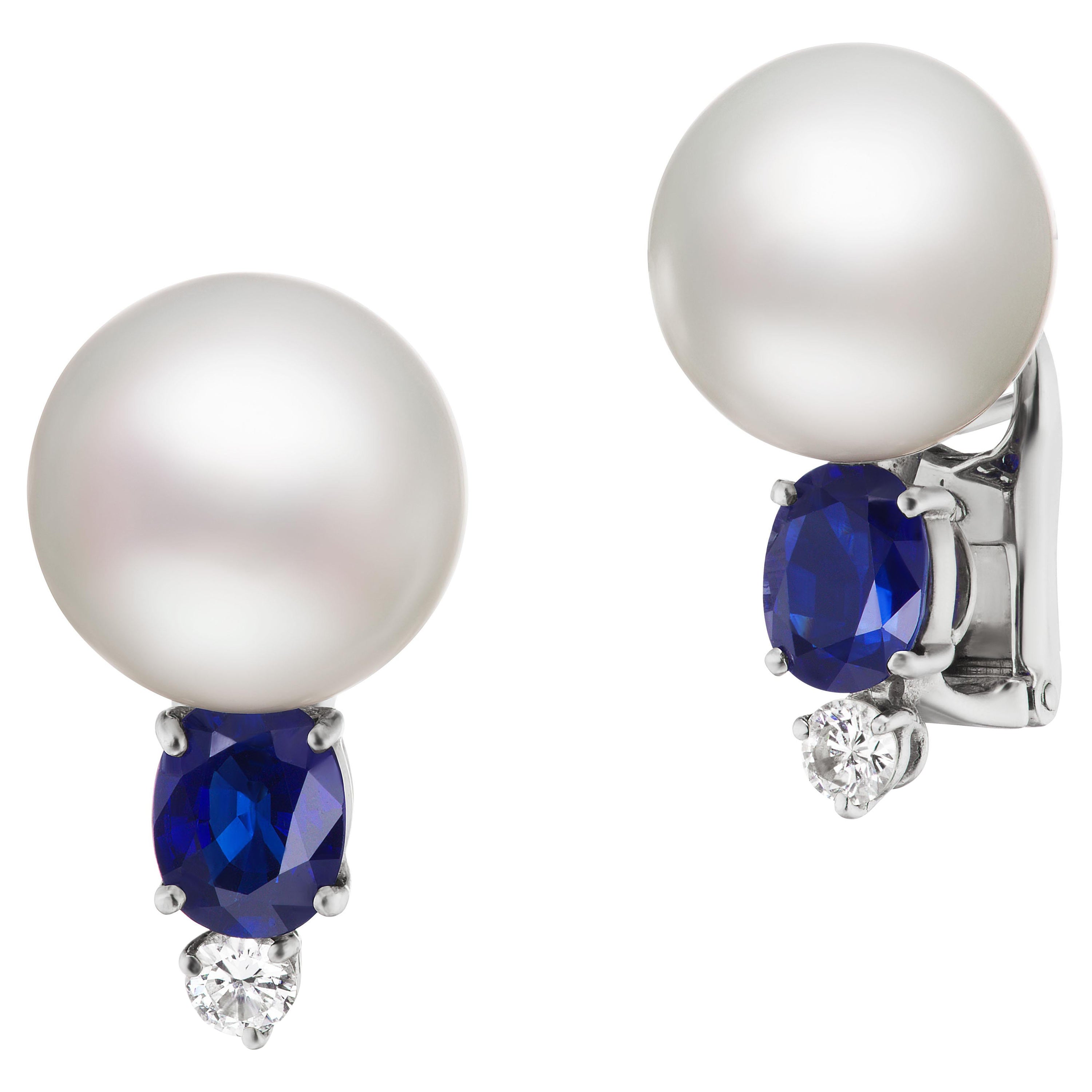 South Sea Pearl Sapphire and Diamond Earrings For Sale