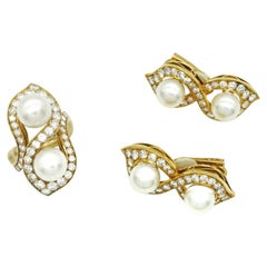Bulgari Yellow Gold Diamonds and Pearl Earrings & Ring Set