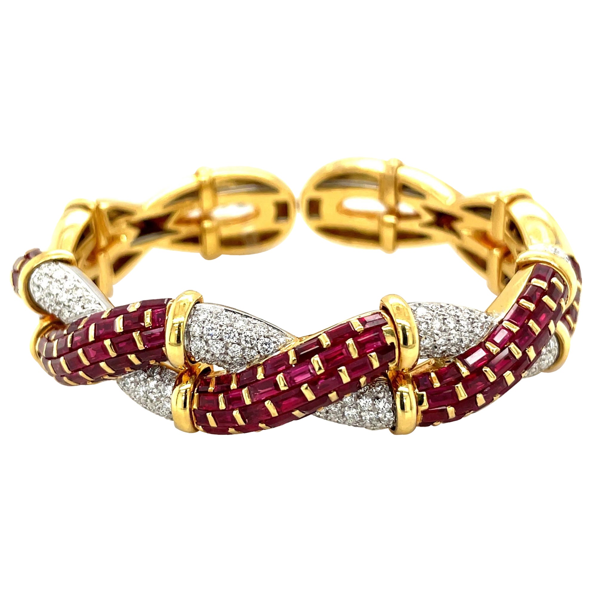 R.C.M. 18KT Yellow Gold 13.39Ct Ruby 1.70Ct Diamond Braided Cuff Bracelet For Sale