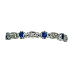 Art Deco 0.80 Carat Blue Sapphires & Diamonds Stackable Eternity Ring 