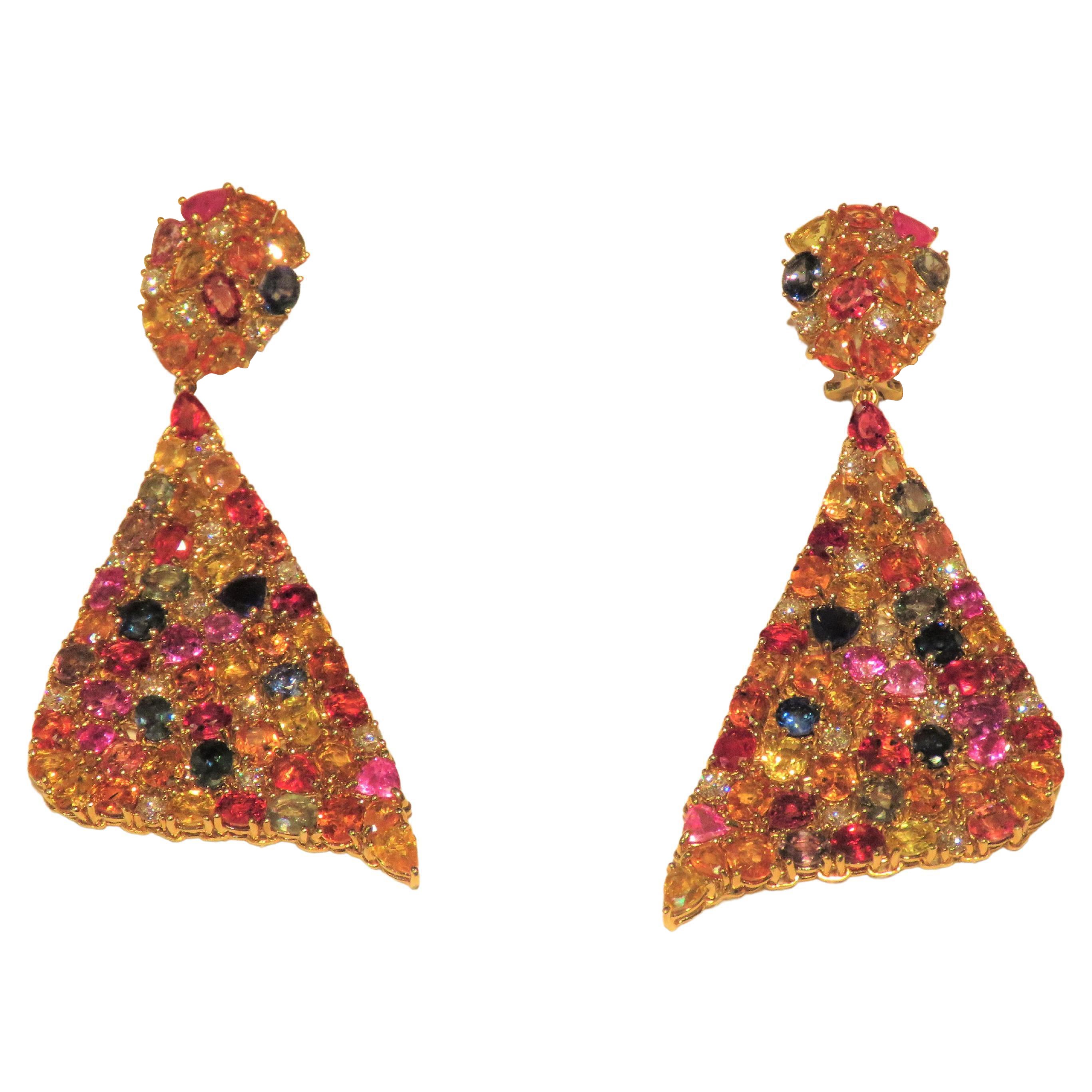 NWT $30, 000 18KT Gold Magnificent 38CT Rainbow Sapphire Diamond Drape Earrings