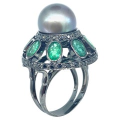 Vintage Designer Big Pearl 8.50 Carat Emerald & Black Diamonds Ballerina Black Gold Ring