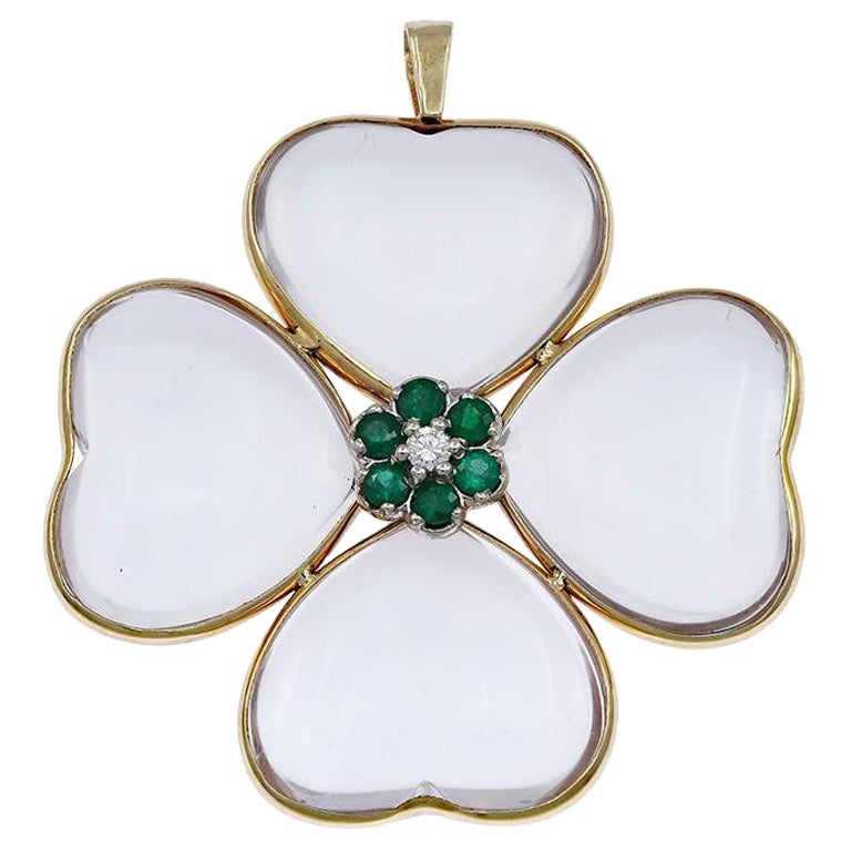 4-Leaf Clover Emerald Diamond Rock Crystal Gold Pendant