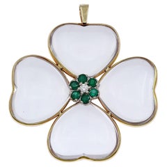 Vintage 4-Leaf Clover Emerald Diamond Rock Crystal Gold Pendant