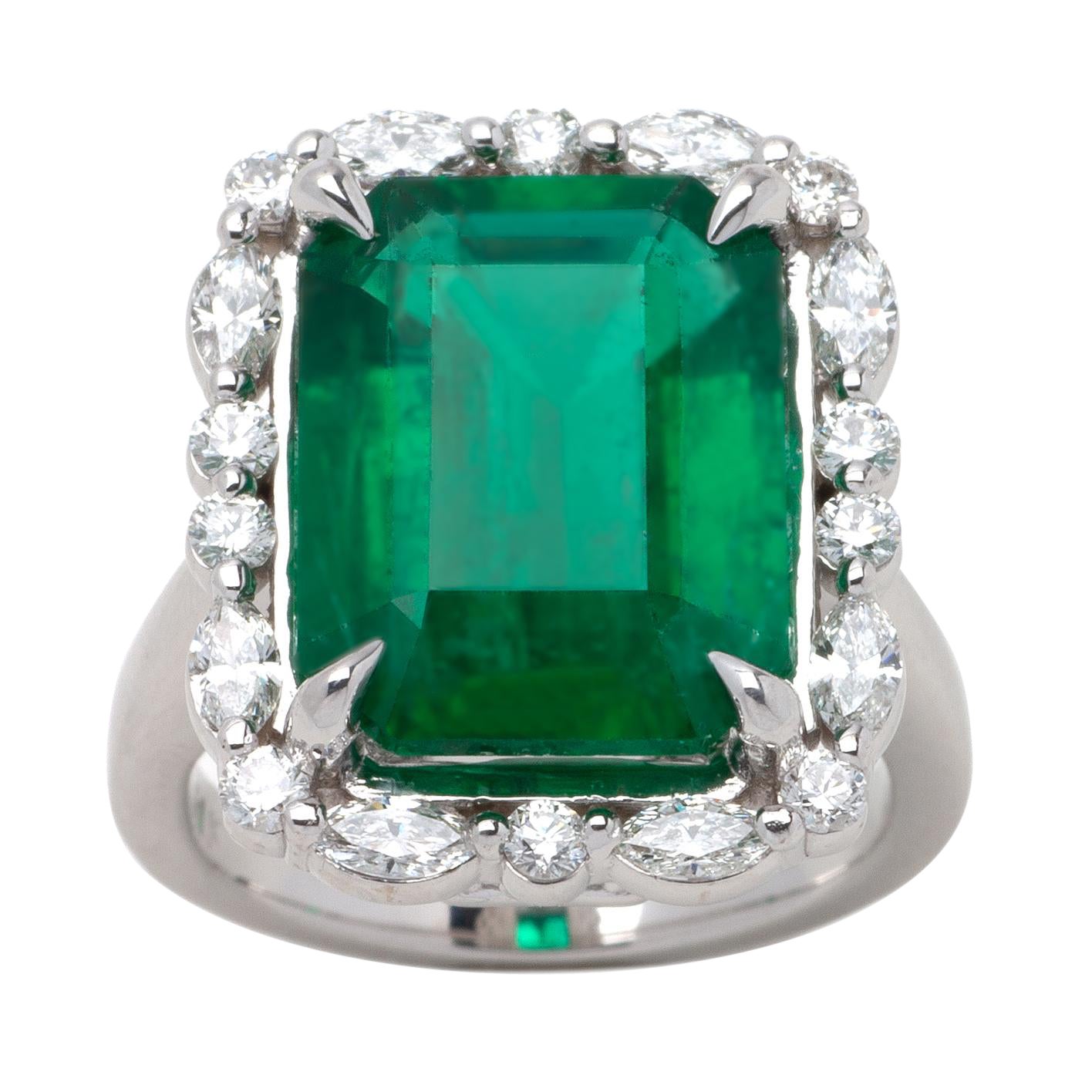 7.28ct Emerald Halo Ring in 14K White Gold, 1.00ct Side Diamonds