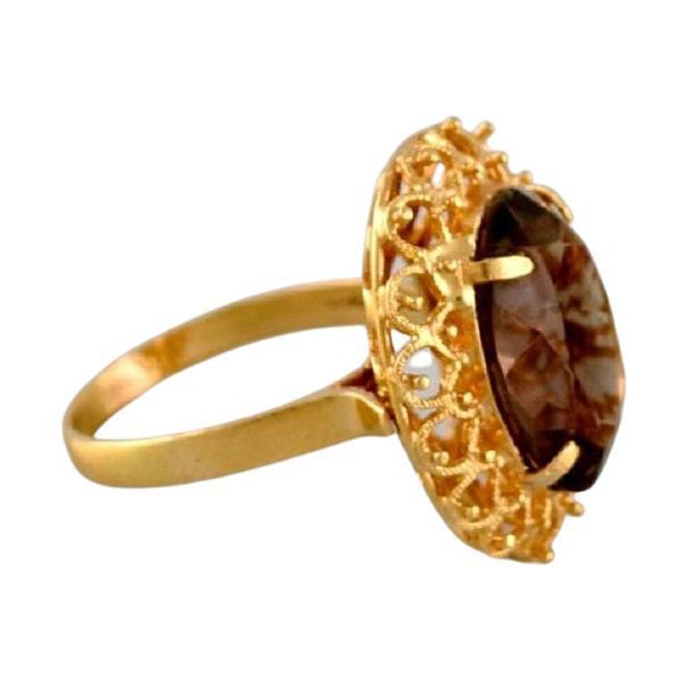 Skandinavischer Juwelier, Vintage-Ring aus 18 Karat Gold mit rauchigem Bergkristall im Angebot