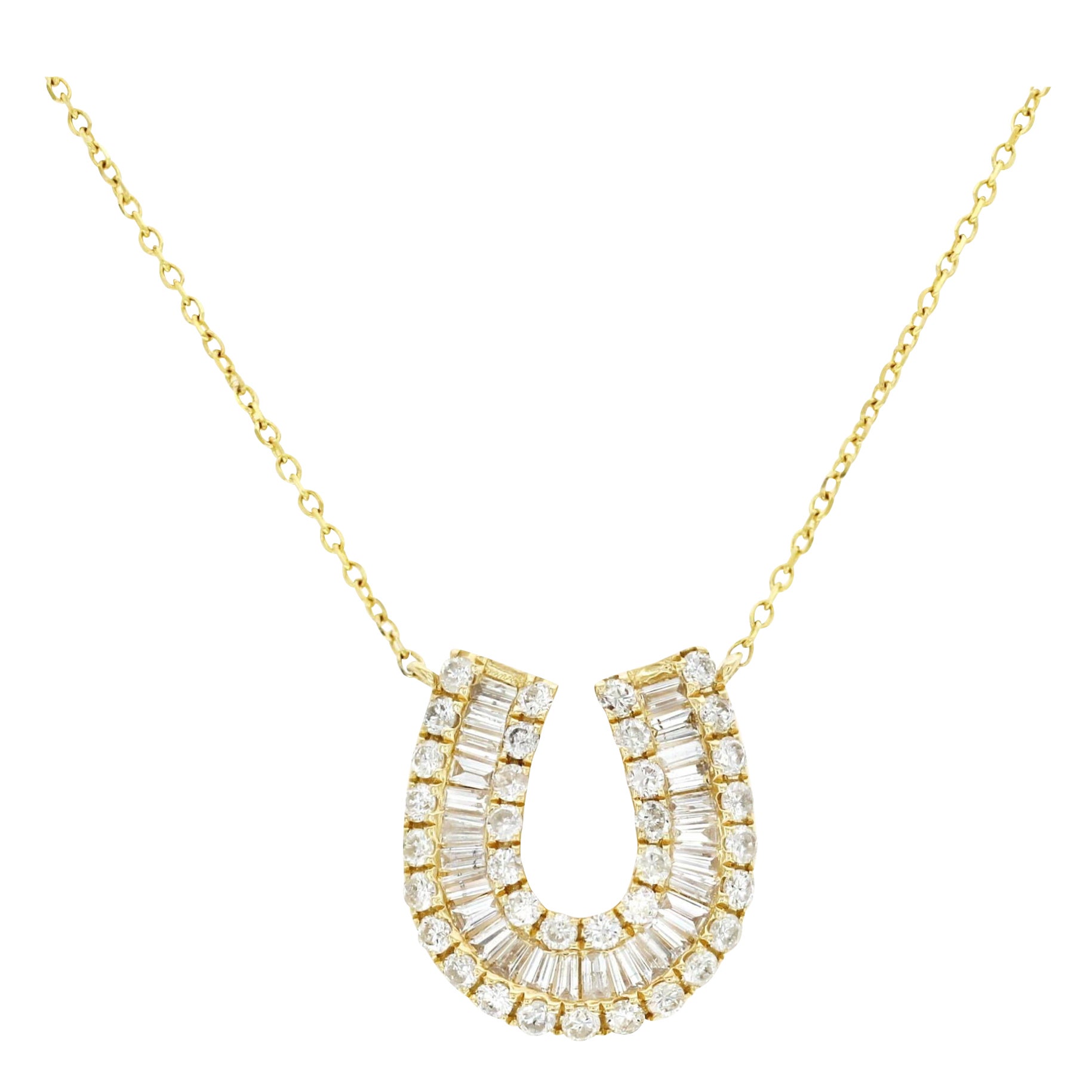 0.50 CT Diamond 14K Yellow Gold Horseshoe Pendant Necklace For Sale