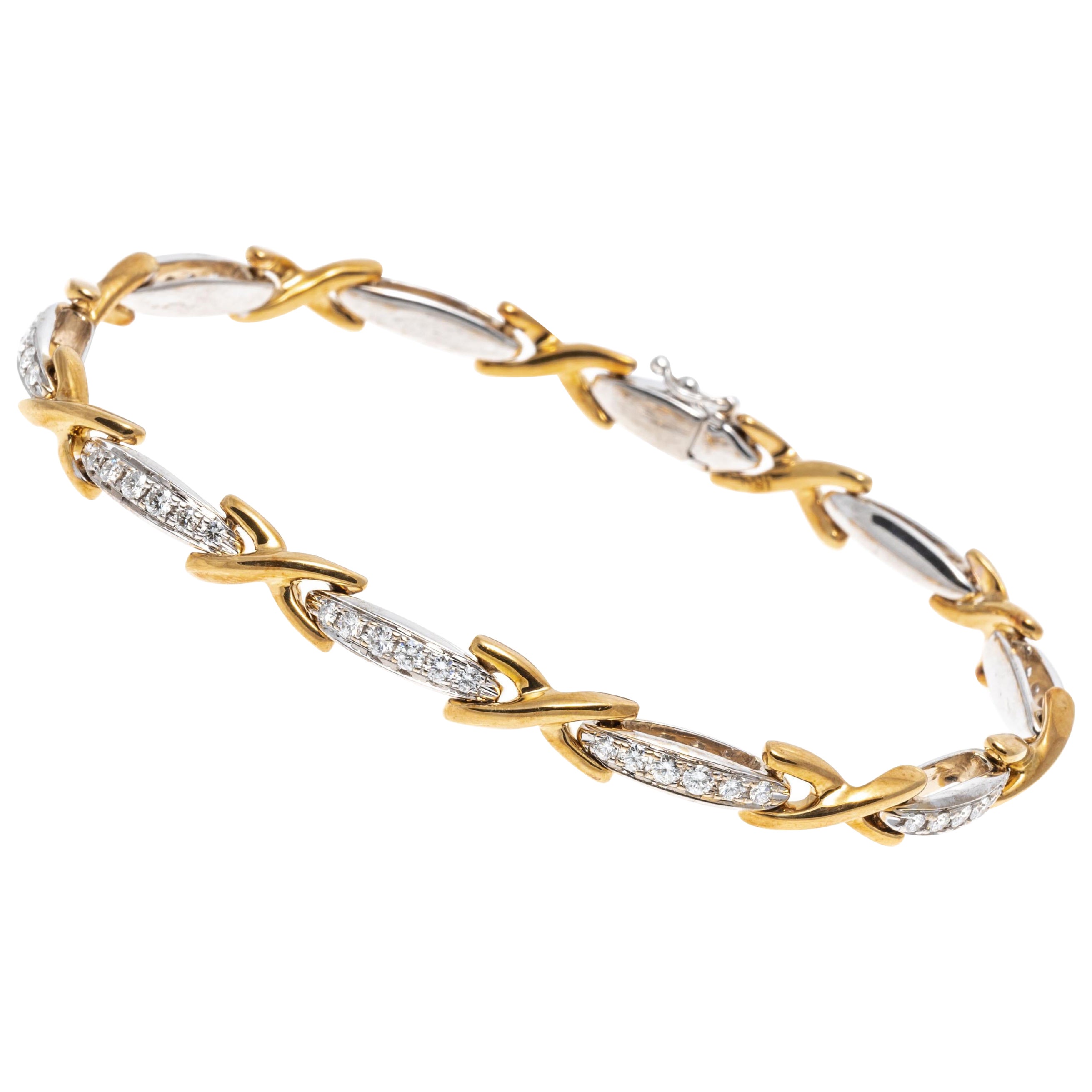 18K Yellow and White Gold and Diamond "X" Link Line Bracelet, App. 0.32 TCW For Sale