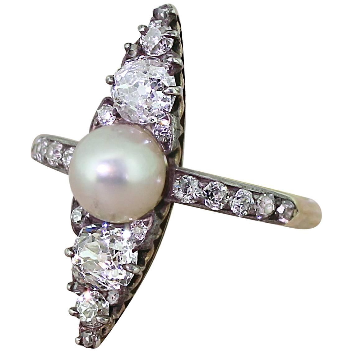 1870s Victorian Natural Pearl and Old Cut Diamond Silver Gold Navette Ring For Sale