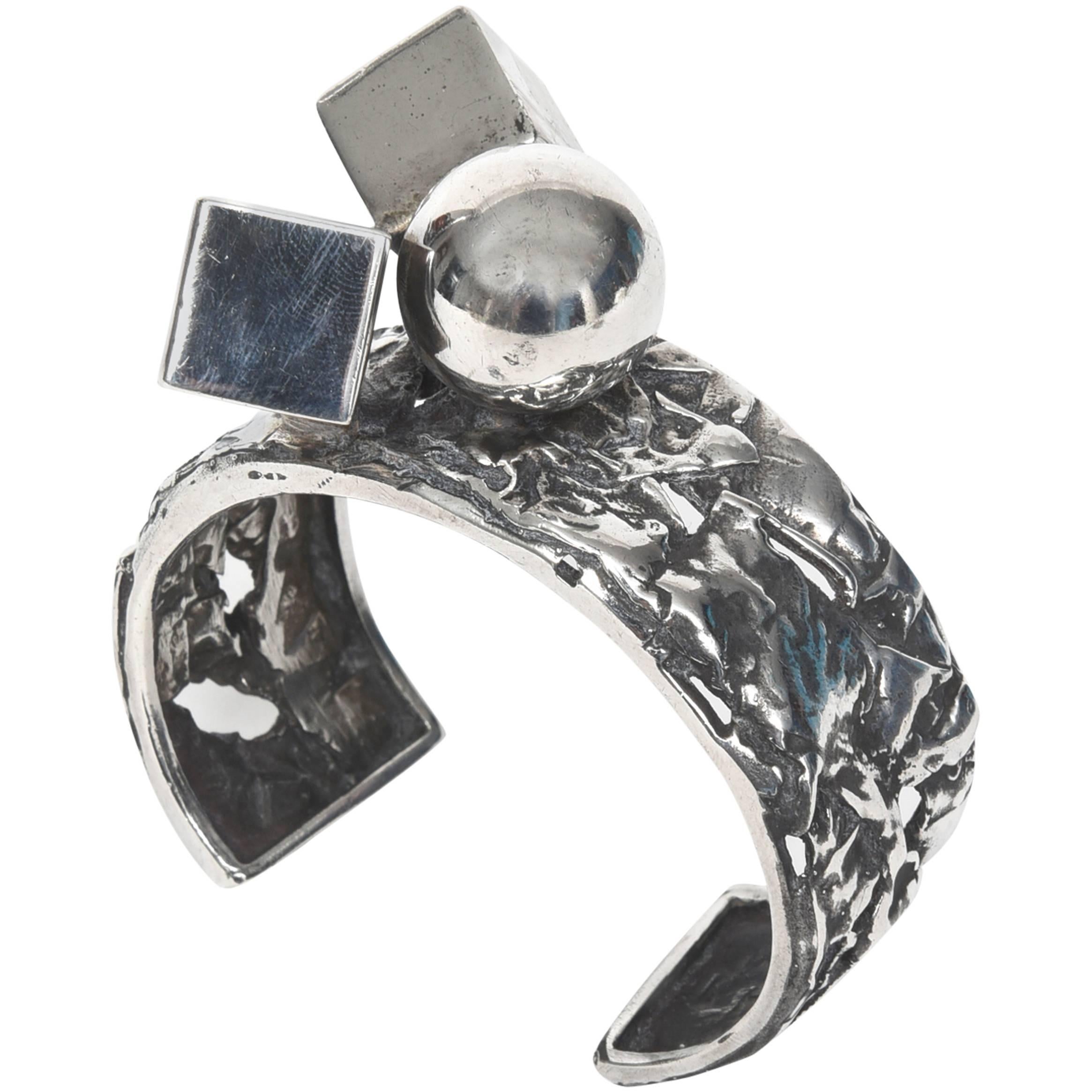 Modernist Brutalist Design Sterling Silver Cuff Bracelet by Rachel Gera