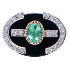 Emerald, Diamonds, Onyx, 14 Karat Rose and White Gold Ring