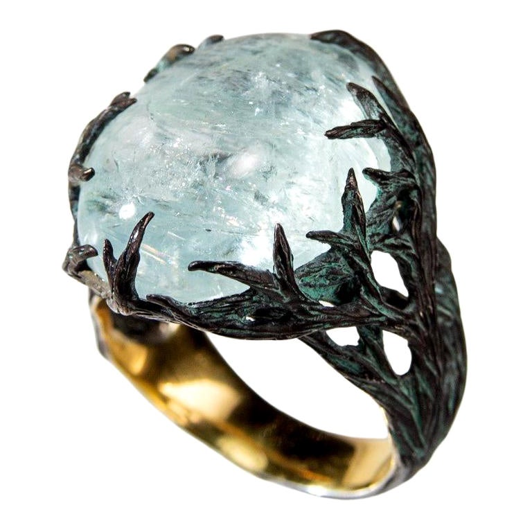 Aquamarine Ring Blue Beryl Cabochon Magic Tree Unisex Ring For Sale