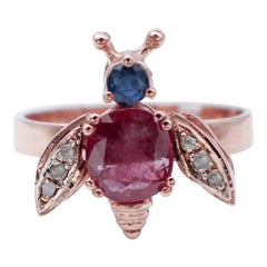 Ruby, Sapphire, Diamonds, 9 Karat Rose Gold and Silver Fly Shape Ring