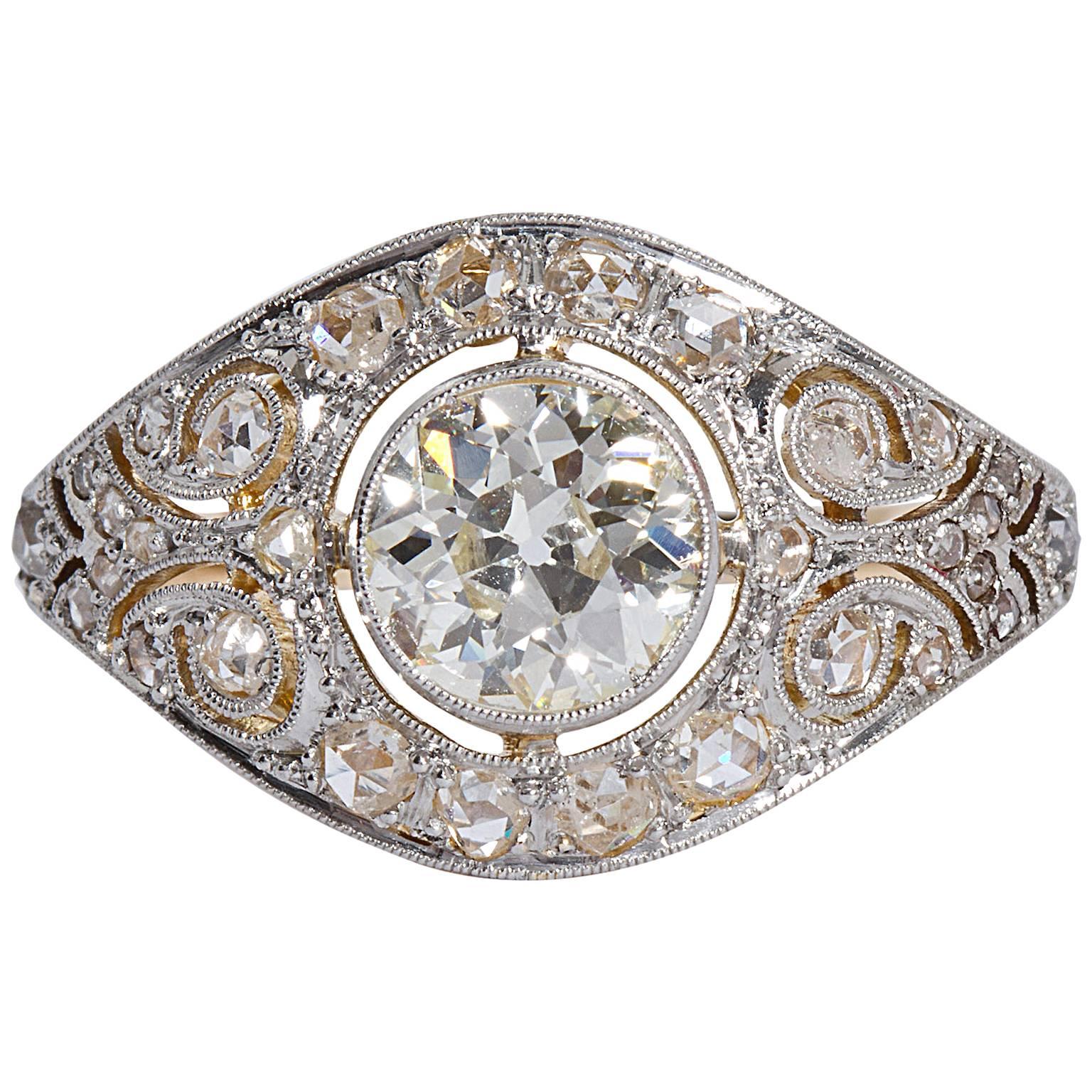 Art Deco Breiter Alter Europäischer Schliff Diamant Gold Platin Filigraner Verlobungsring