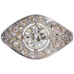 Art Deco Wide Old European Cut Diamond Gold Platinum Filigree Engagement Ring