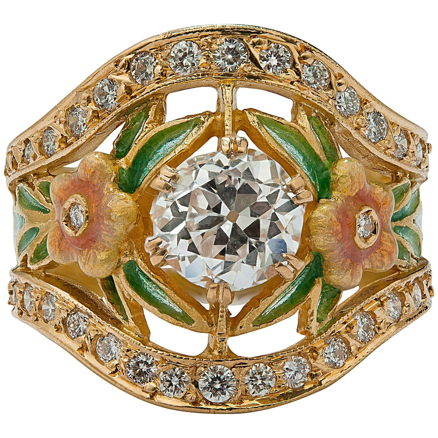 Masriera .92ct GIA Cert Diamond and Enamel Ring For Sale