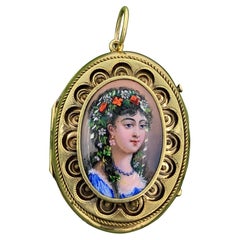 Antique Belle Epoque Swiss Enamel Portrait Locket Necklace 14 Karat Gold