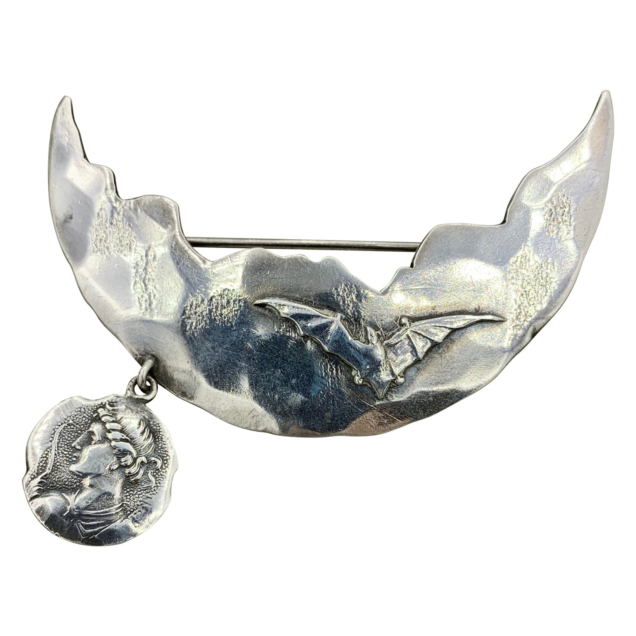 George Shiebler Bat Moon Brooch Pin Homeric Pendant Sterling Silver For Sale