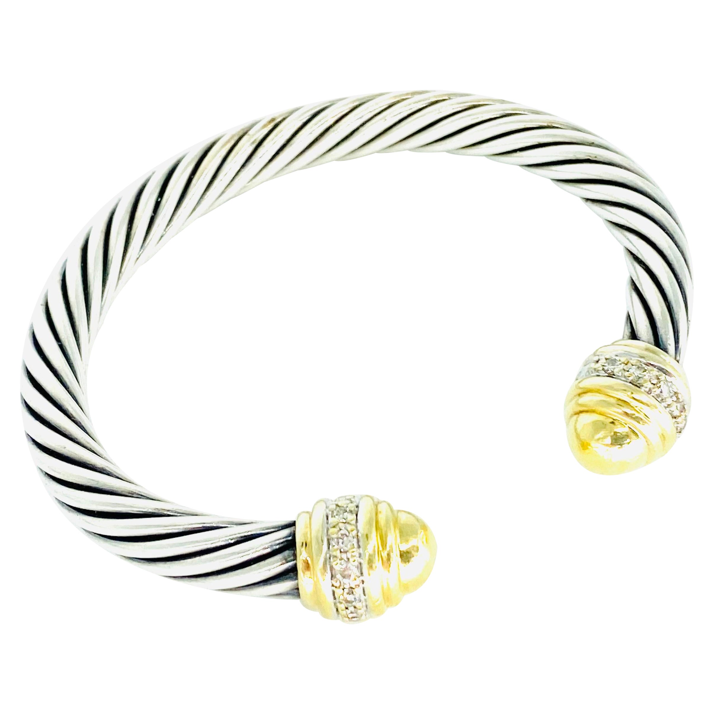 David Yurman Cable Bracelet in Silver/18k Gold with Diamonds Bangle For Sale