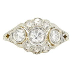 Edwardian 3 Stone Diamond Engagement Ring Filigree Dome Bombe' Wedding Band