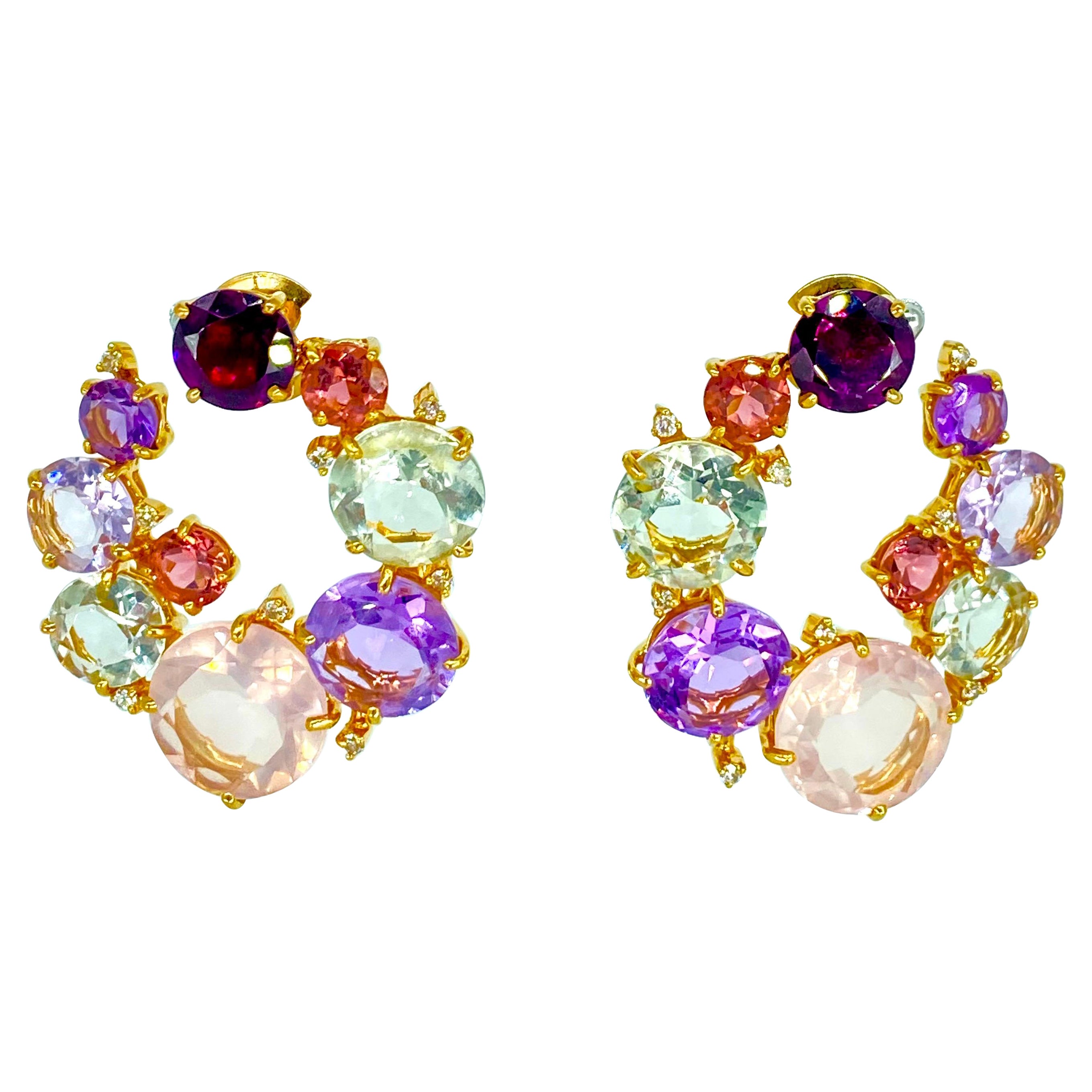 Designer RV 55 Carat Multi Gemstone & Diamonds Hoop Stud Earrings 18k Rose Gold For Sale