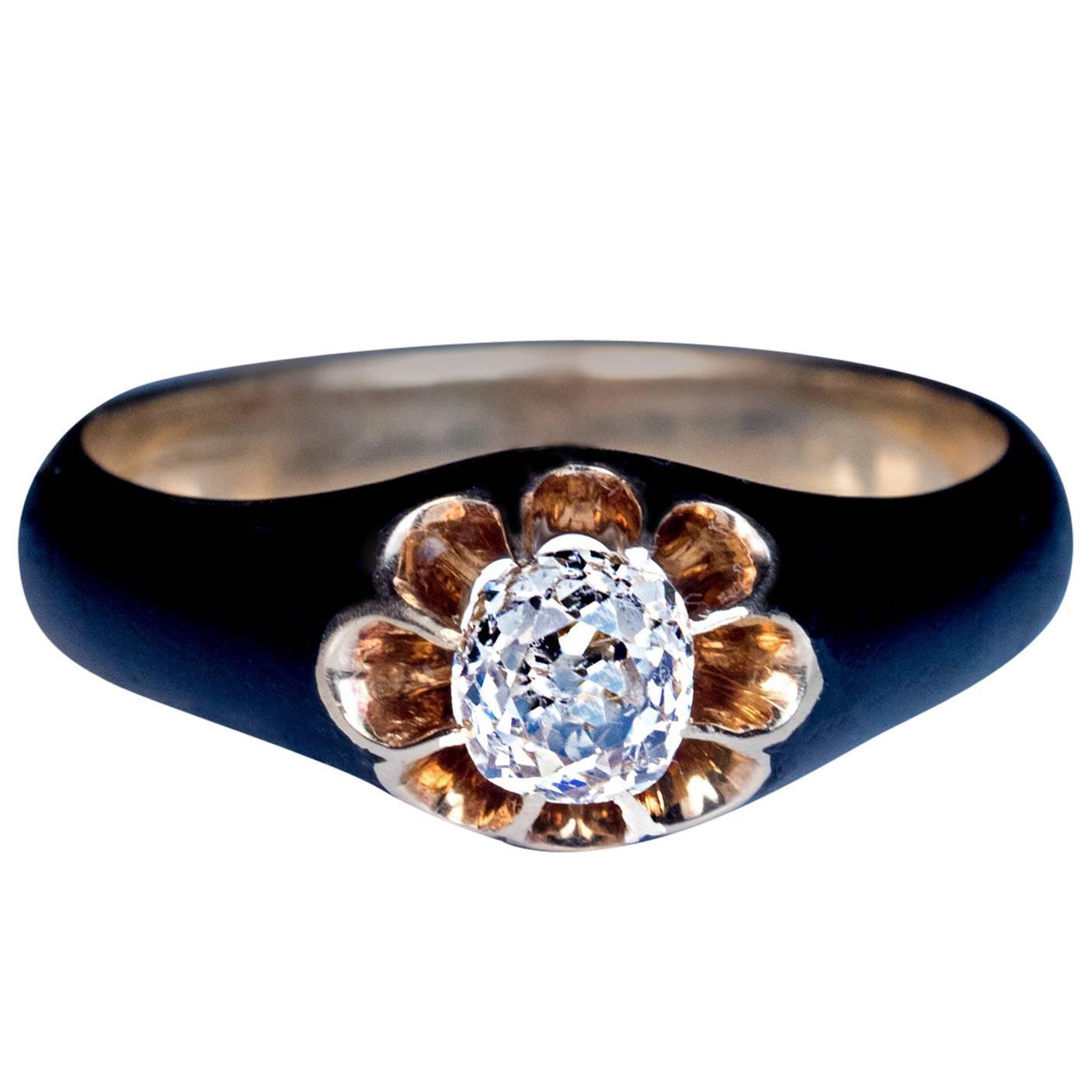 Antique Black Enamel Diamond Gold Unisex Ring at 1stdibs