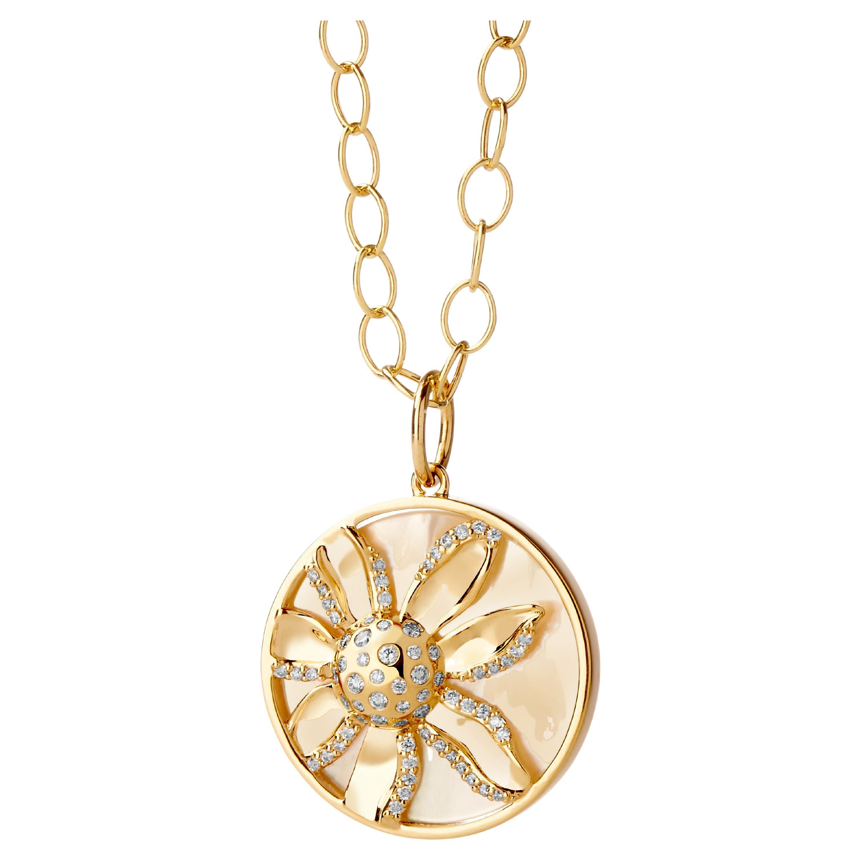 Syna Yellow Gold Flower Pendant with Mother of Pearl and Champagne Diamonds For Sale