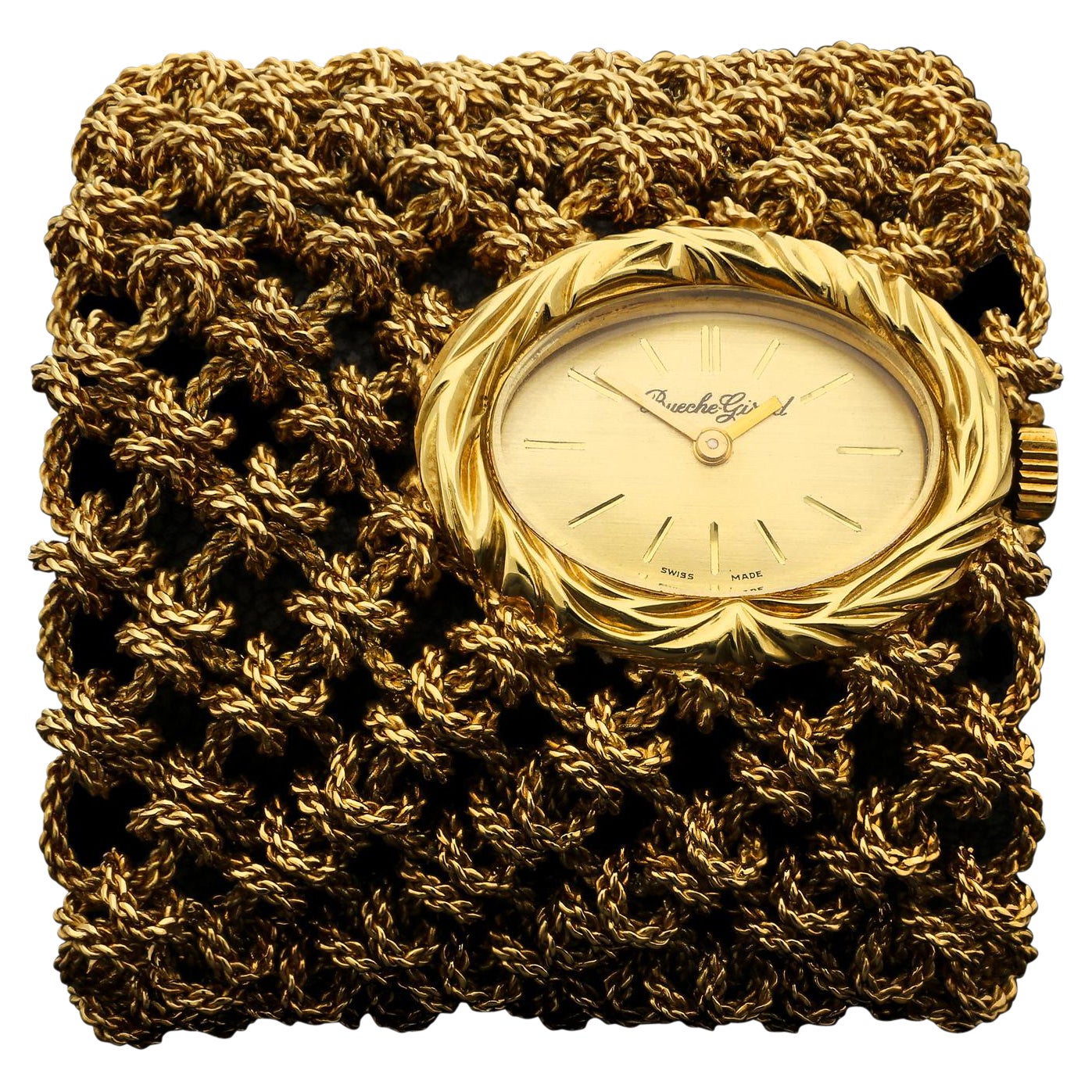 Bueche-Girod Striking Dress Watch Wide Knitted 18ct Yellow Gold Bracelet, 1970's