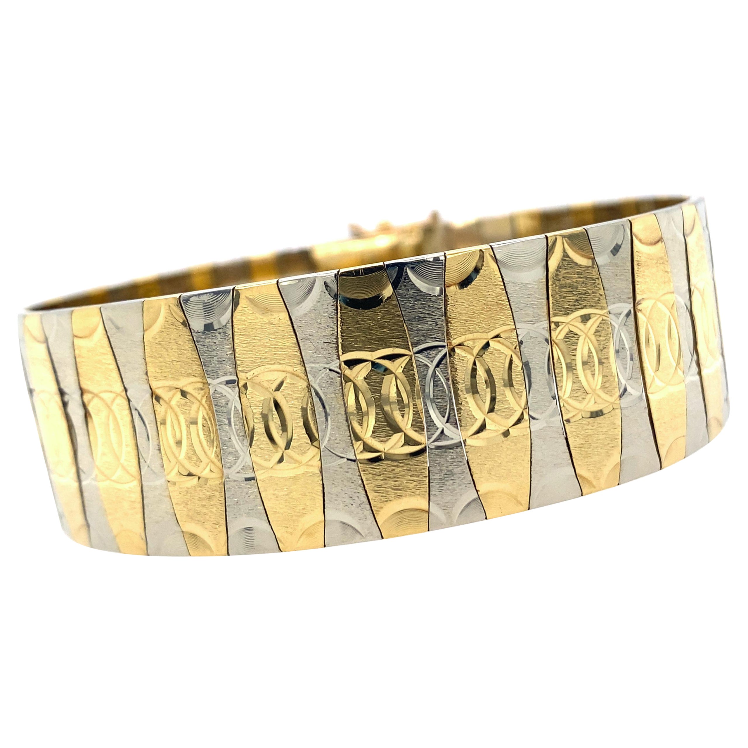 Italian 18 Karat White & Yellow Gold Panel Links Cuff Bracelet For Sale